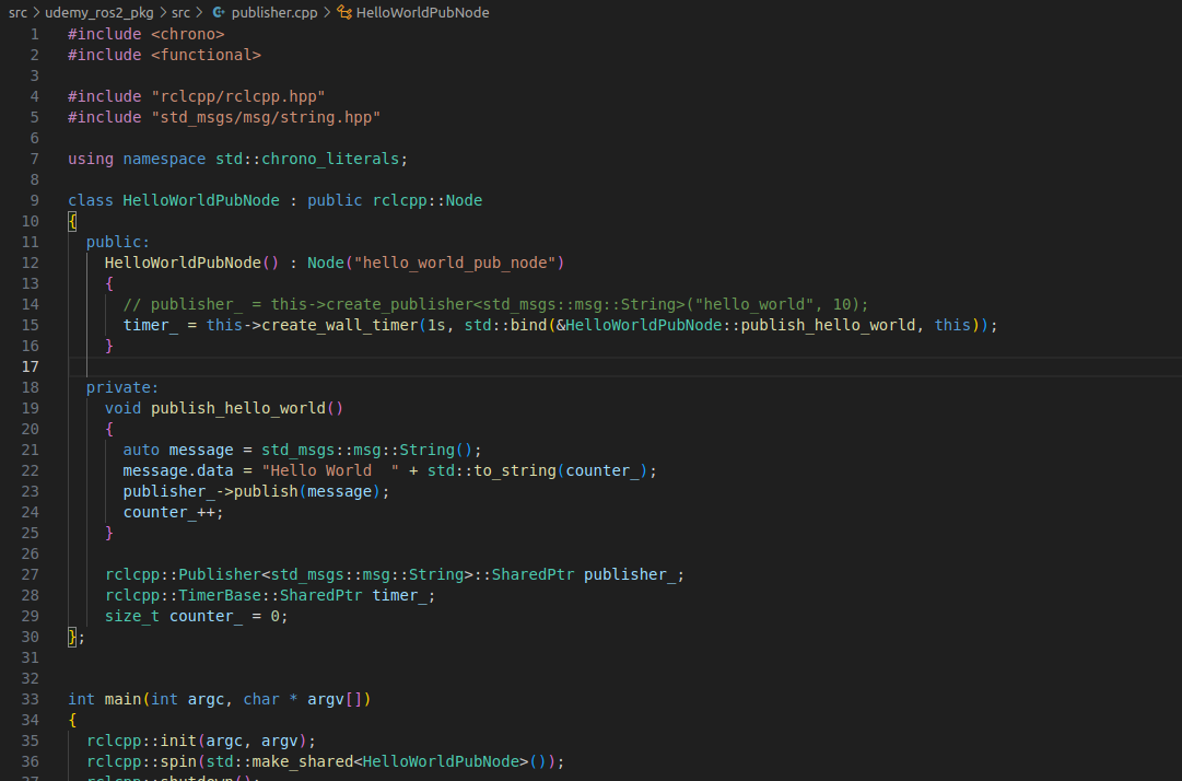 VS Code showing a C++ publisher node with the publisher creation line commented out